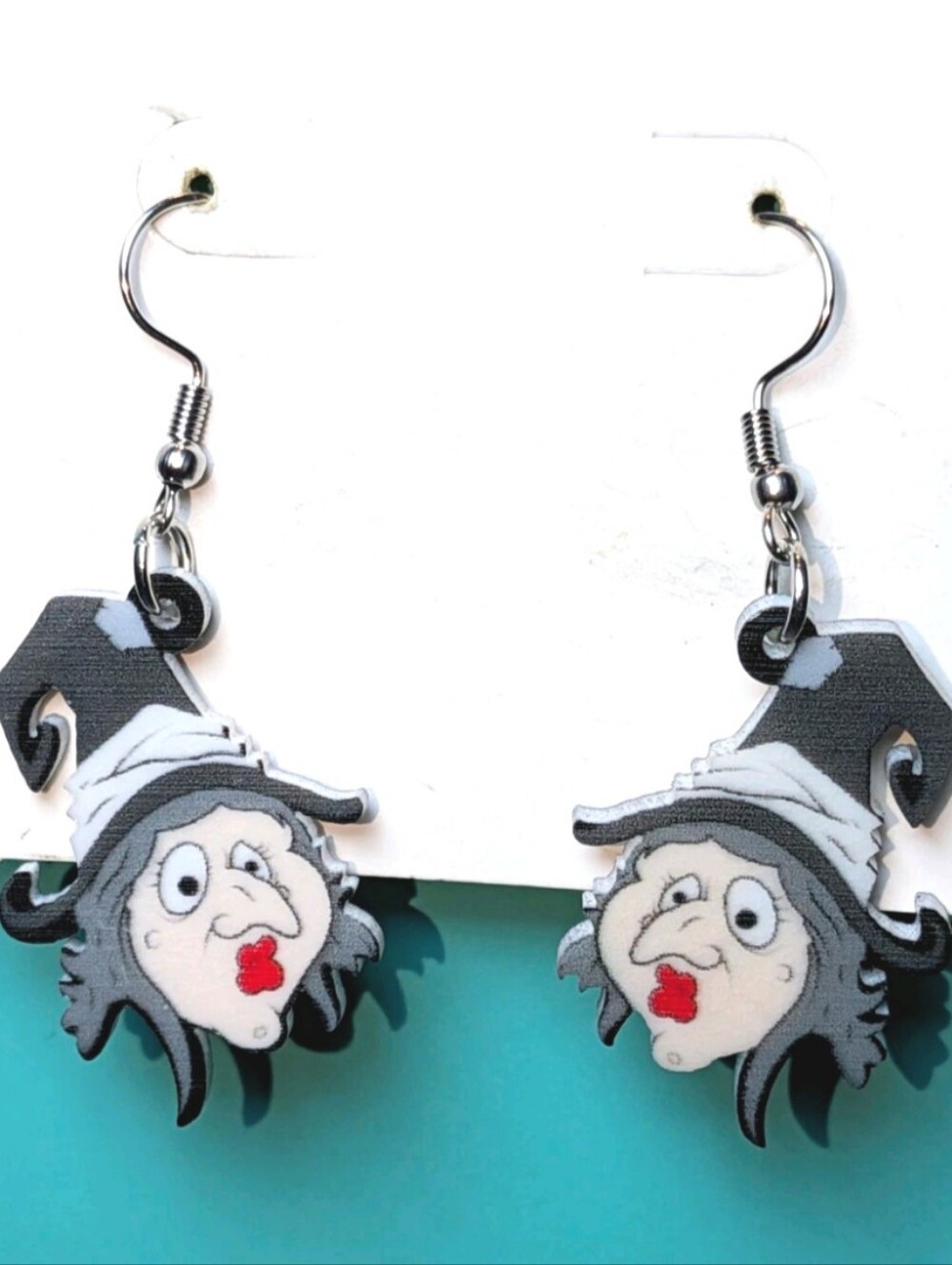 Hand Crafted Witch Face Drop Earrings in Black, White, Red